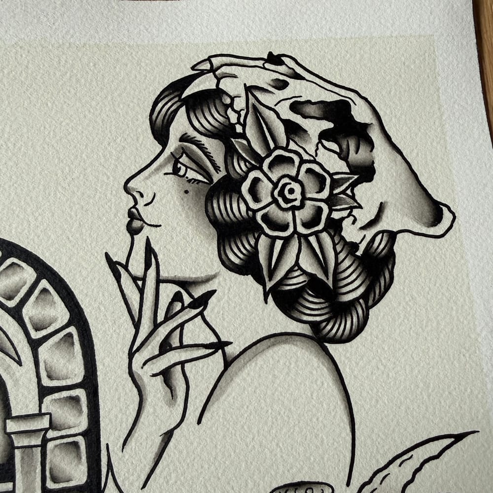 Lady head w tiger skull