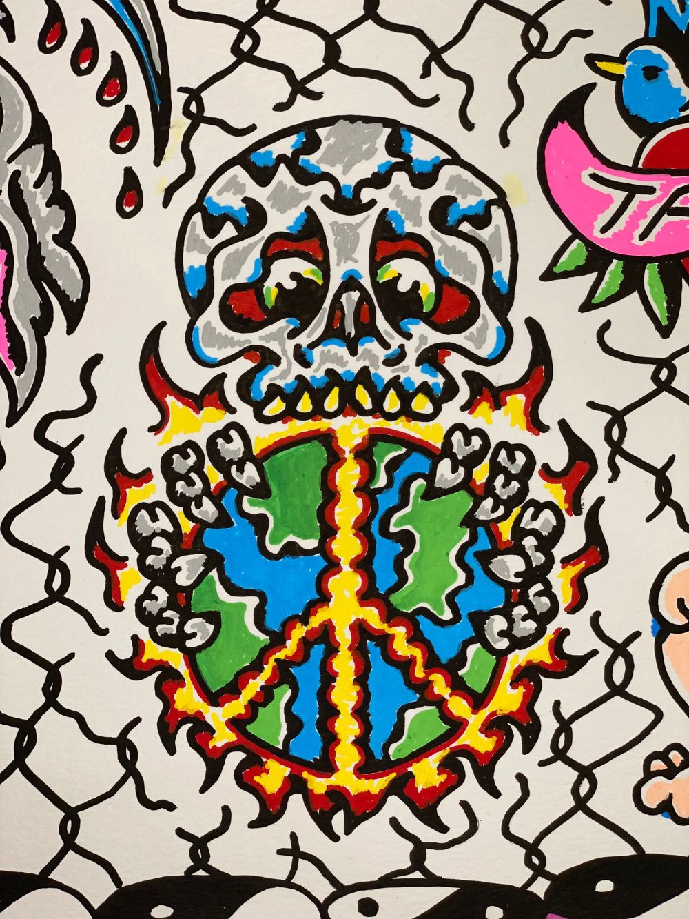 Flaming peace skull