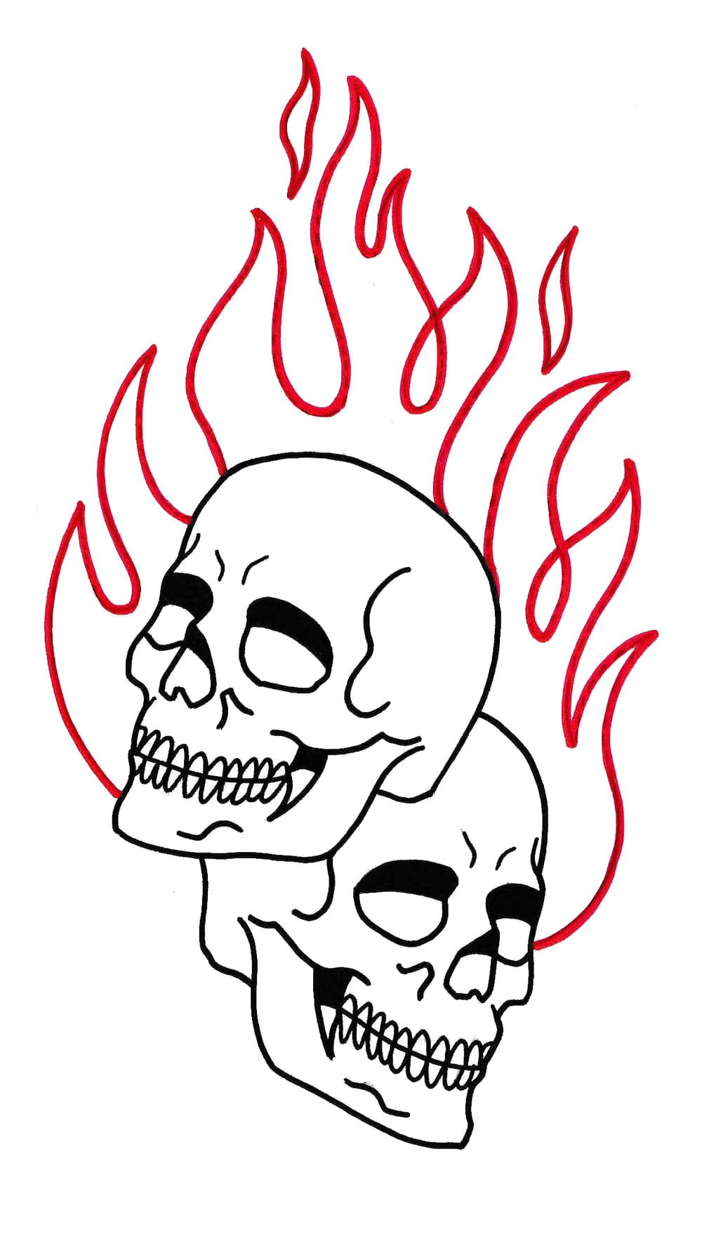 Flaming Skulls in Red