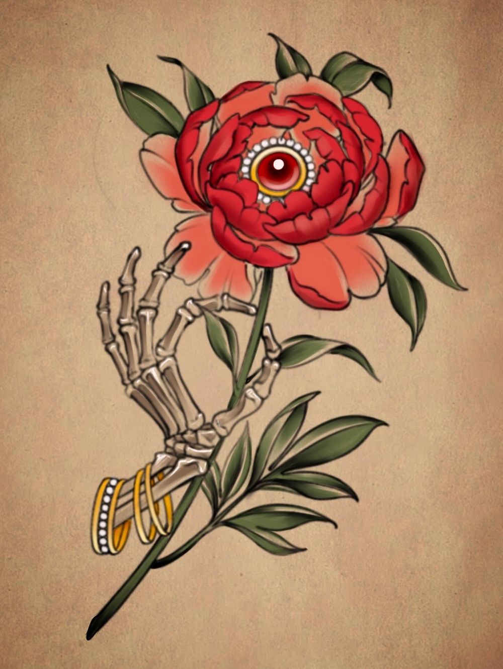 Jeweled Peony and skeleton hand